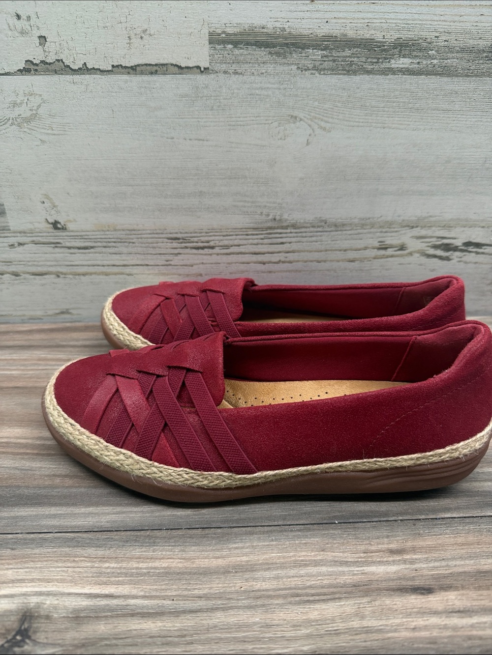 Clarks Collection Women Burgundy Red Woven Espadrille Loafers Size 7M